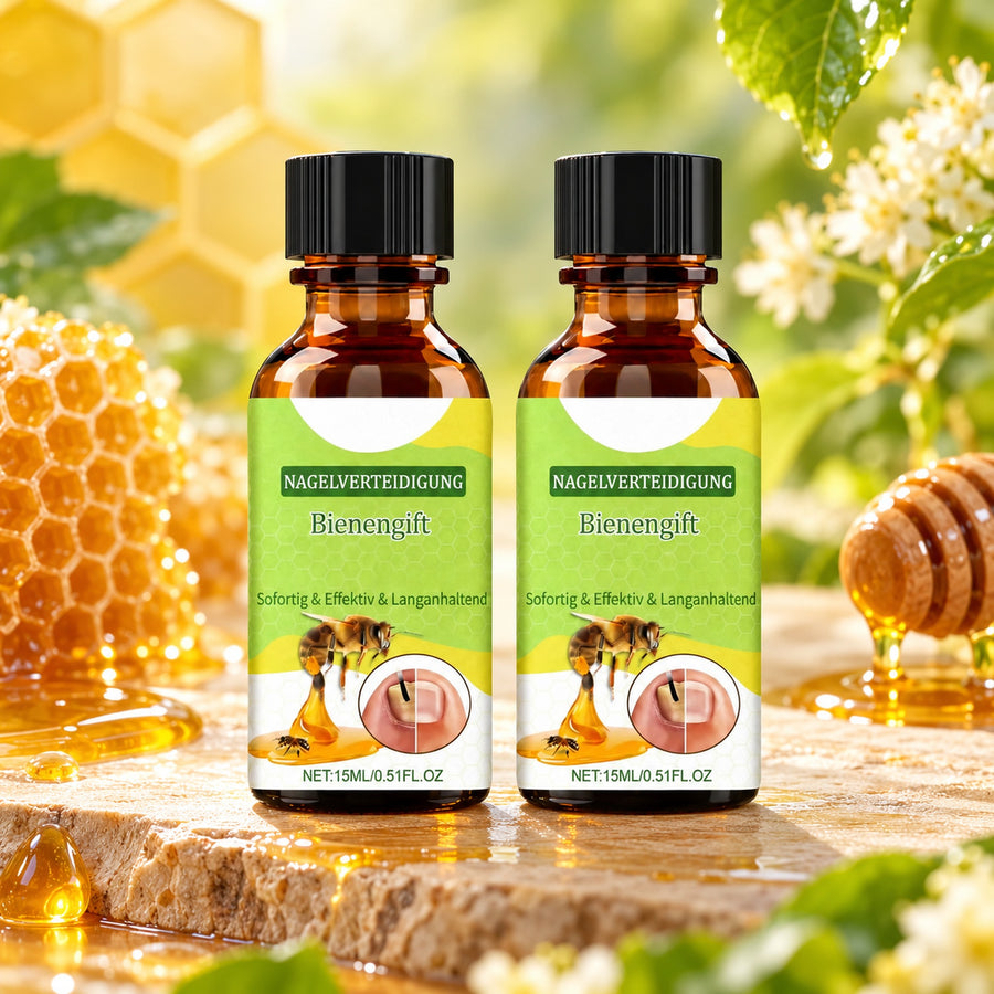 Bee Venom Nail Conditioning Serum 2-Pack – two 15 ml amber dropper bottles on stone with honeycomb and honey