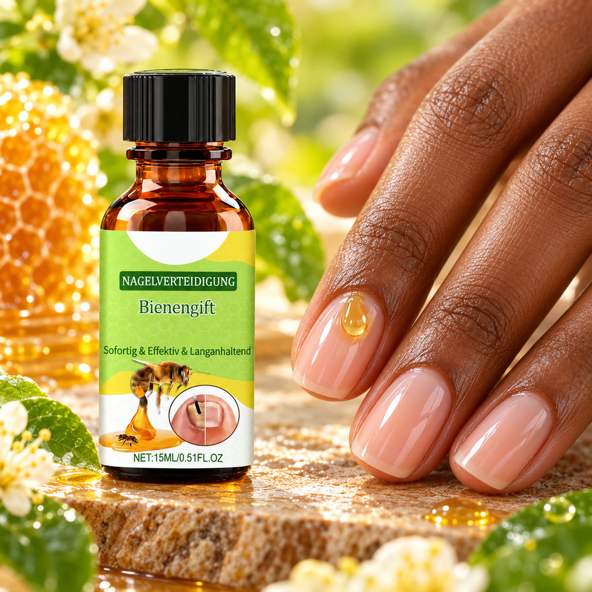 Golden bee venom nail serum drop on a fingernail next to the bottle
