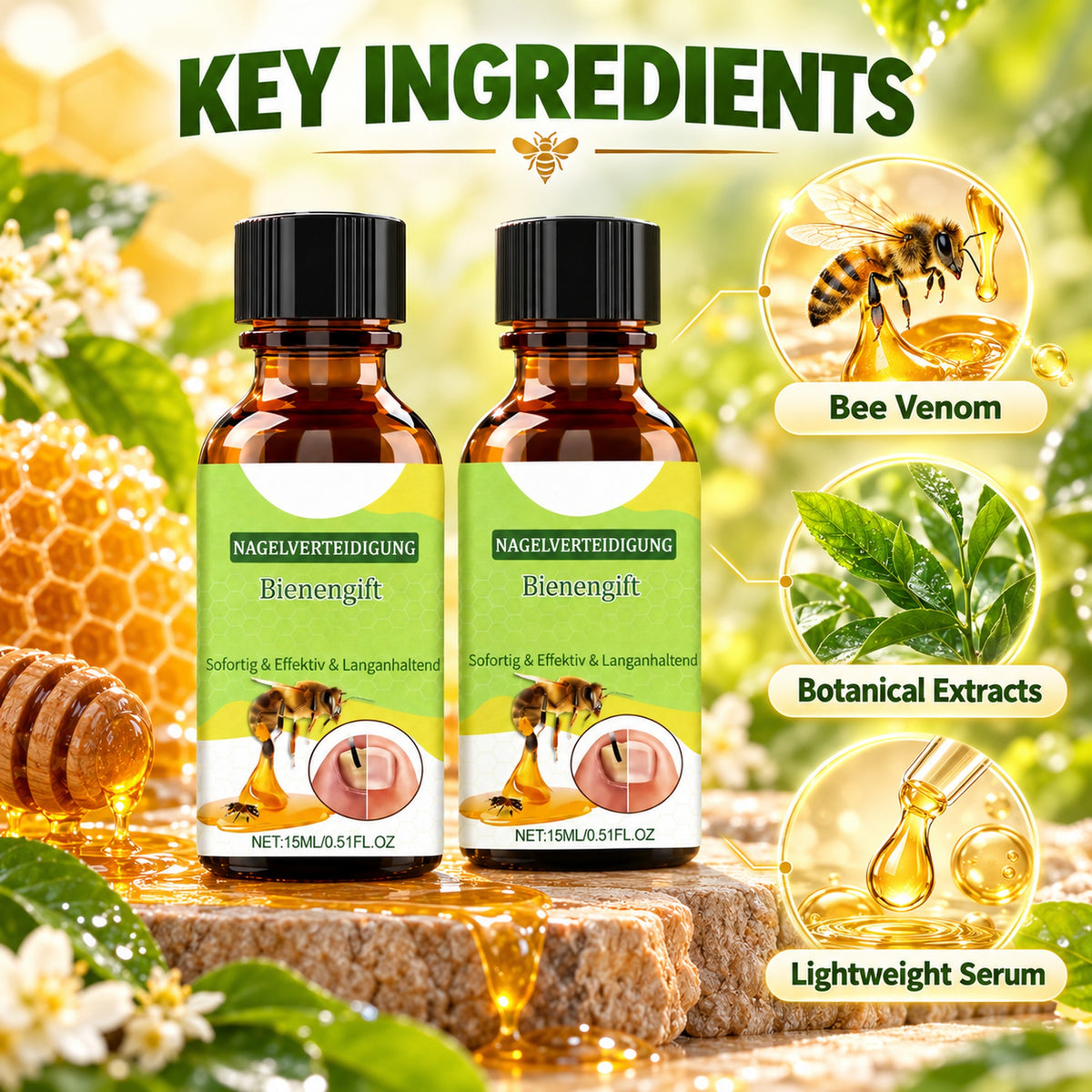 Key ingredients – bee venom, botanical extracts and lightweight serum base