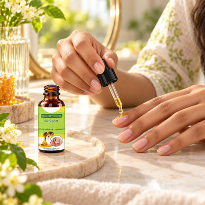 Woman applying bee venom nail serum with the dropper at her vanity