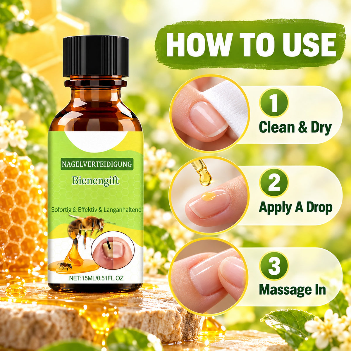 How to use – 1 clean and dry nails, 2 apply a drop, 3 massage in