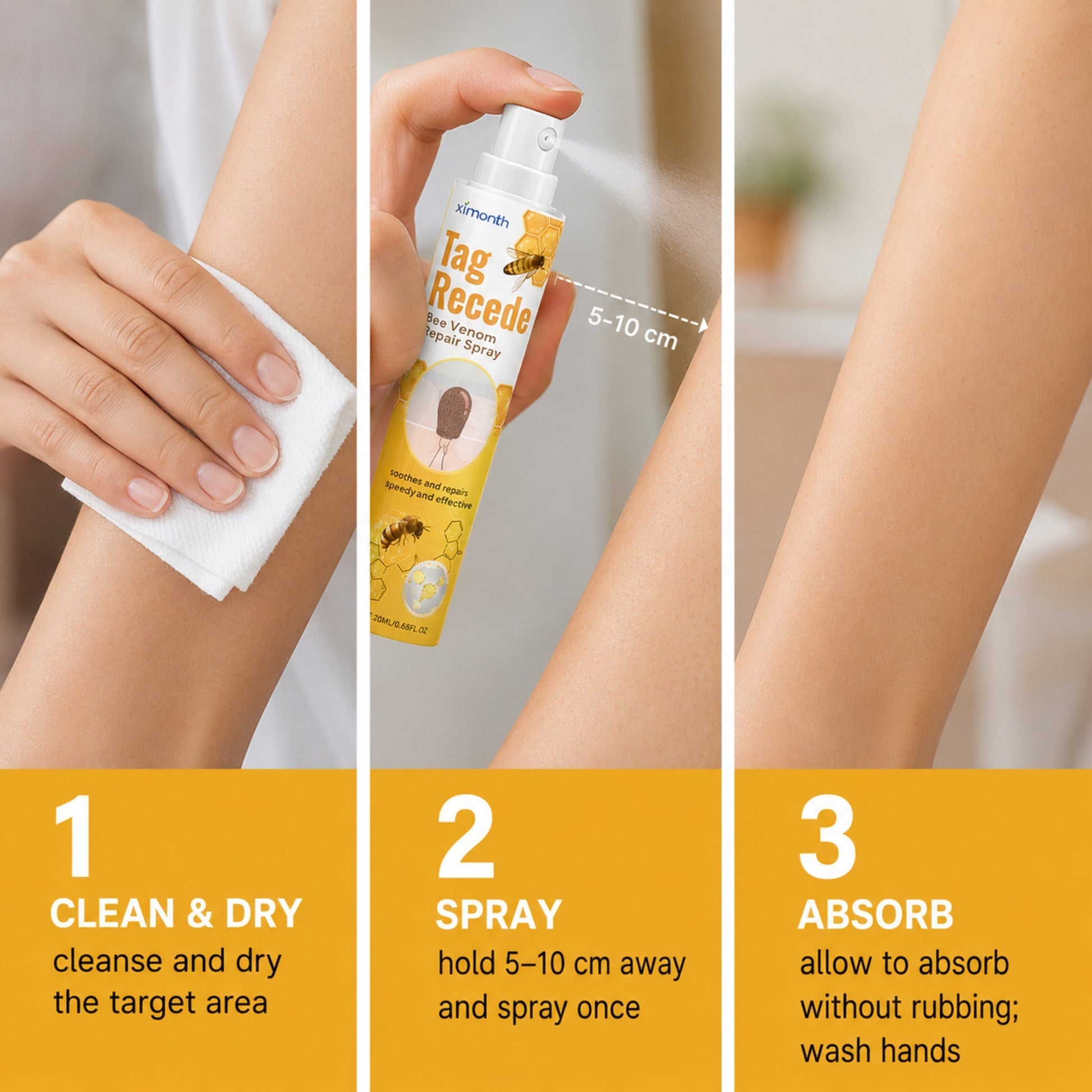 Bee Venom Targeted Topical Skin Repair Spray — photographic three-step how-to