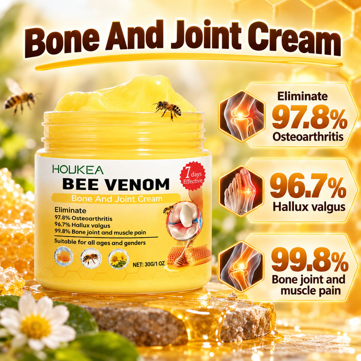 HOUKEA Bee Venom Bone And Joint Cream label claims: Eliminate 97.8% Osteoarthritis, 96.7% Hallux valgus, 99.8% Bone joint and muscle pain