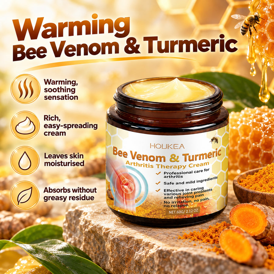 HOUKEA Bee Venom & Turmeric 60g cream benefits: warming soothing sensation, rich easy-spreading cream, leaves skin moisturised, absorbs without greasy residue