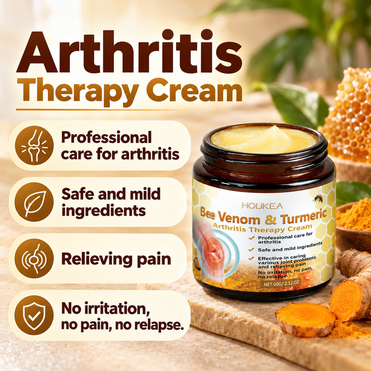 HOUKEA Bee Venom & Turmeric Arthritis Therapy Cream label claims: professional care for arthritis, safe and mild ingredients, relieving pain, no irritation