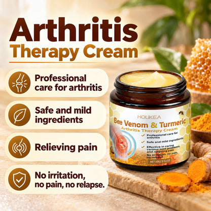 HOUKEA Bee Venom & Turmeric Arthritis Therapy Cream label claims: professional care for arthritis, safe and mild ingredients, relieving pain, no irritation