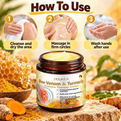 How to use the bee venom and turmeric cream: cleanse and dry the area, massage in firm circles, wash hands after use