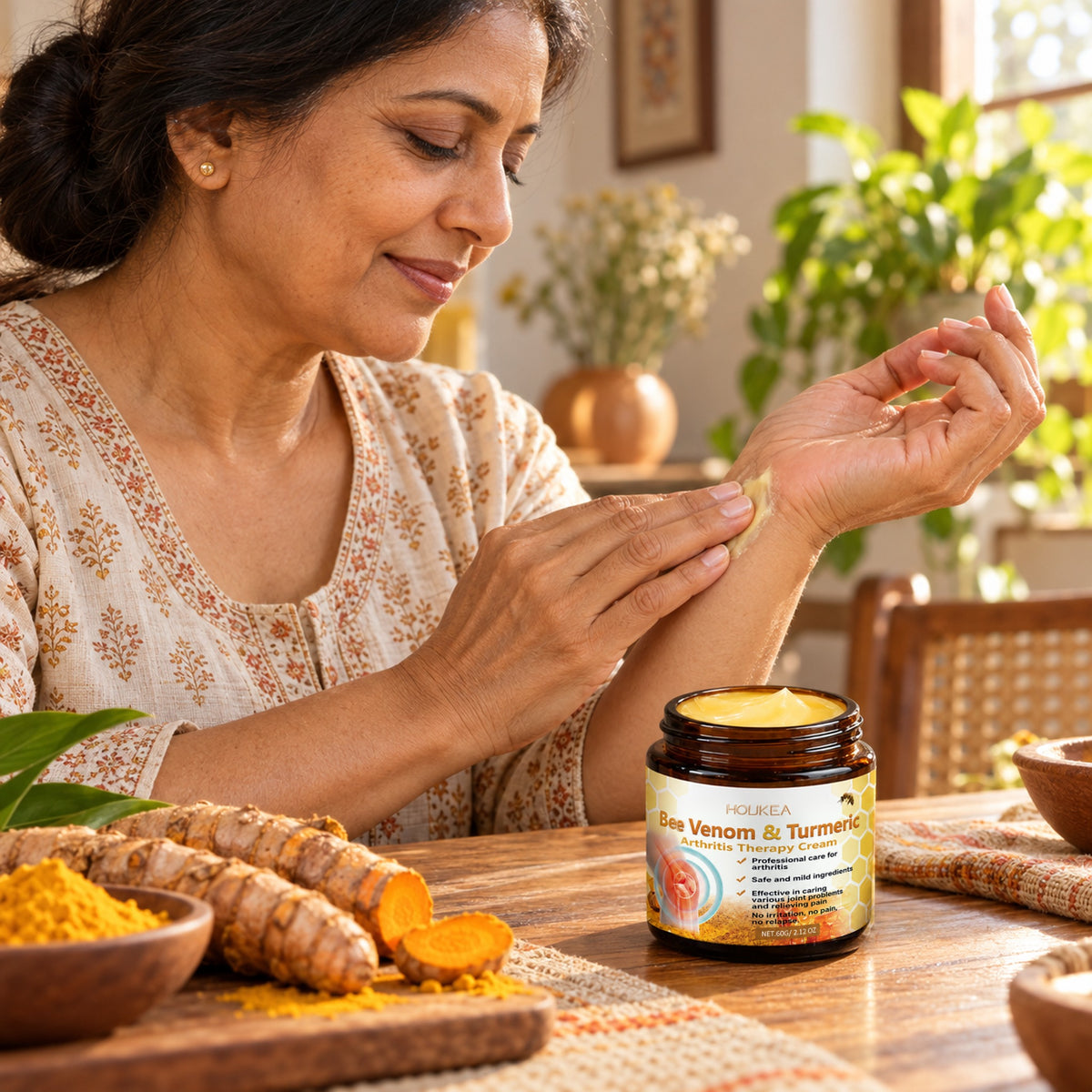 Woman massaging the bee venom and turmeric cream into her wrist at a sunny table, 60g amber jar beside fresh turmeric
