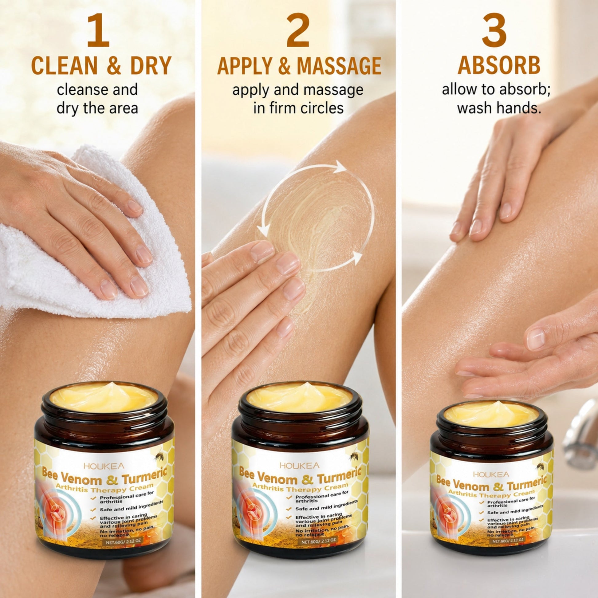 Bee Venom & Turmeric Topical Warming Body Cream – Soothing Formula, 60g — photographic three-step how-to