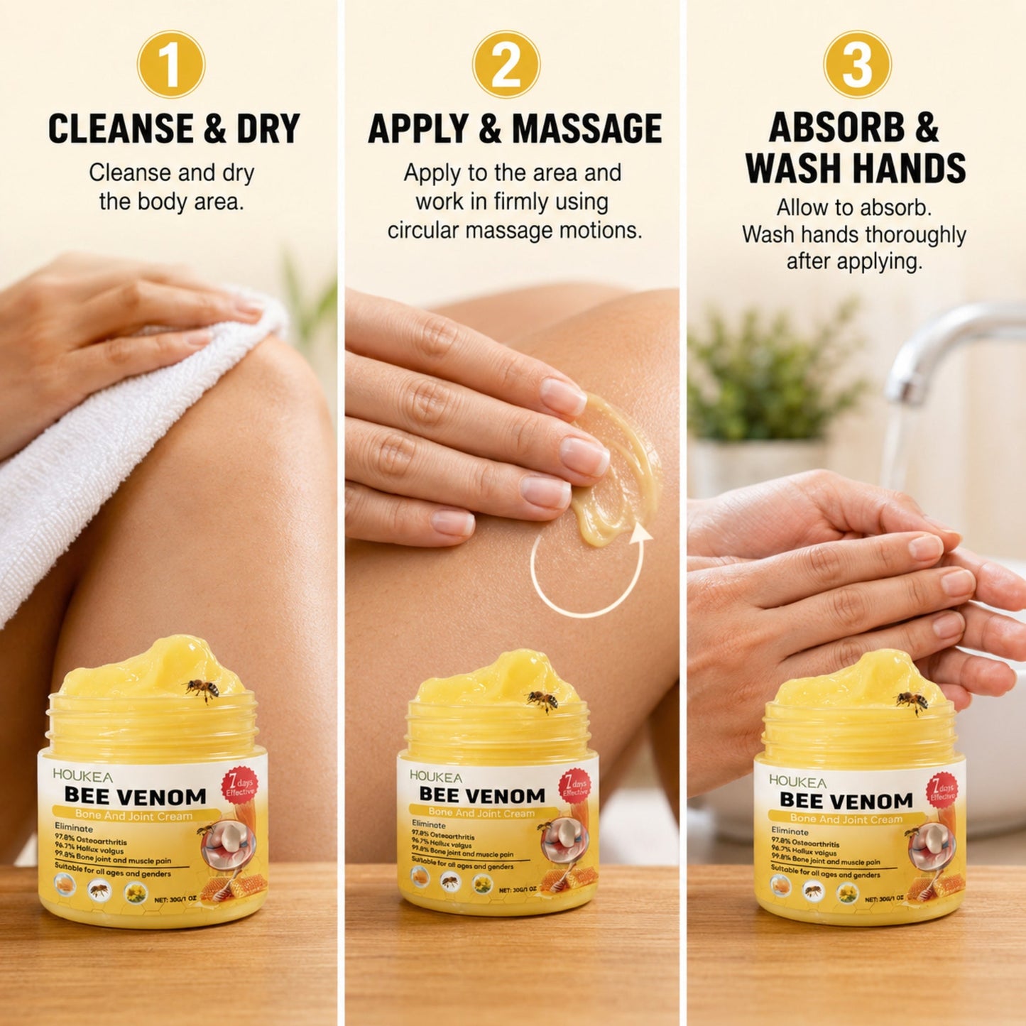 How to apply Bee Venom Warming Body Massage Cream in three simple steps