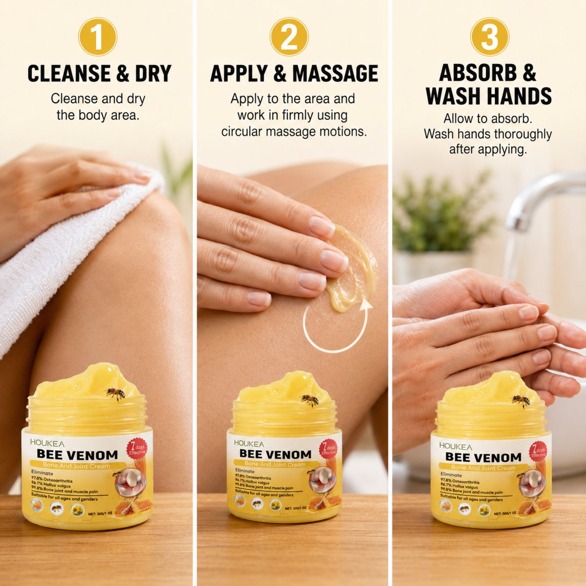 How to apply Bee Venom Warming Body Massage Cream in three simple steps