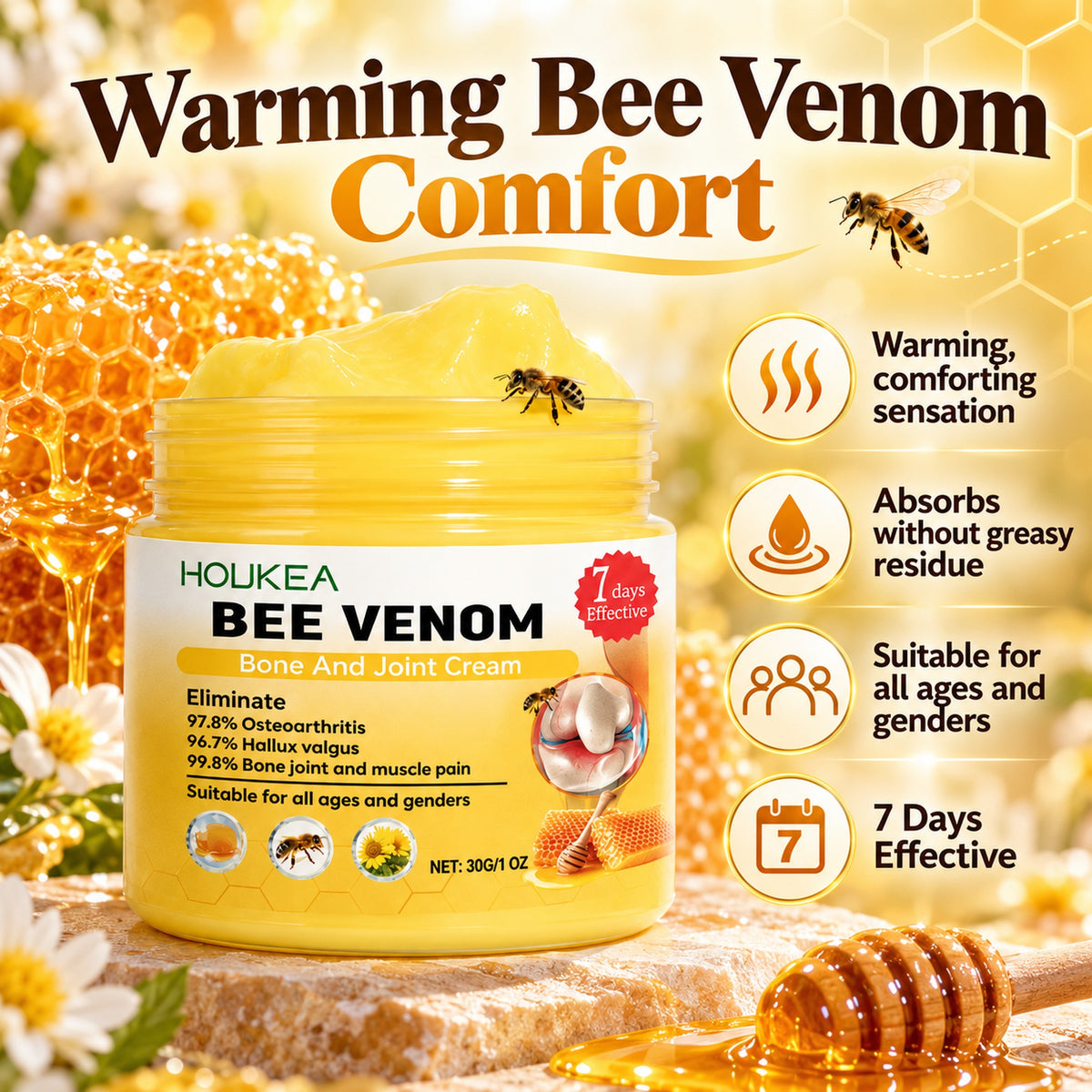 HOUKEA Bee Venom warming cream 30g benefits: warming comforting sensation, absorbs without greasy residue, suitable for all ages and genders, 7 days effective