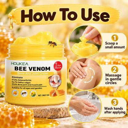 How to use the bee venom warming cream: scoop a small amount, massage in gentle circles, wash hands after applying