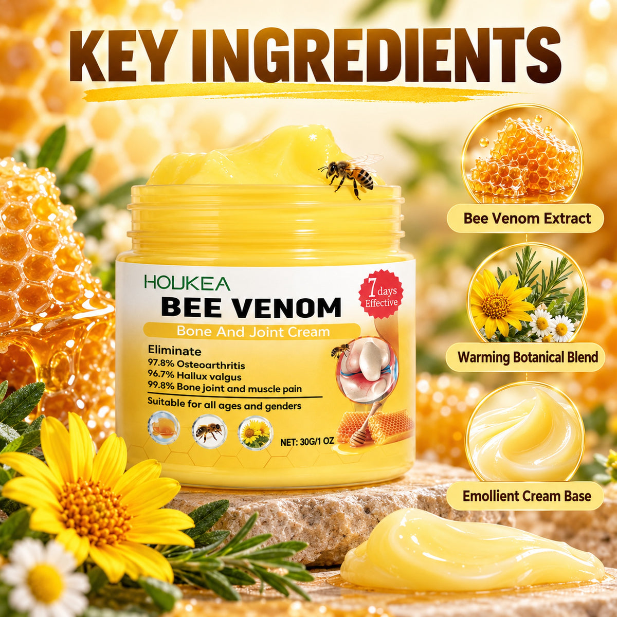Key ingredients: bee venom extract, warming botanical blend and emollient cream base