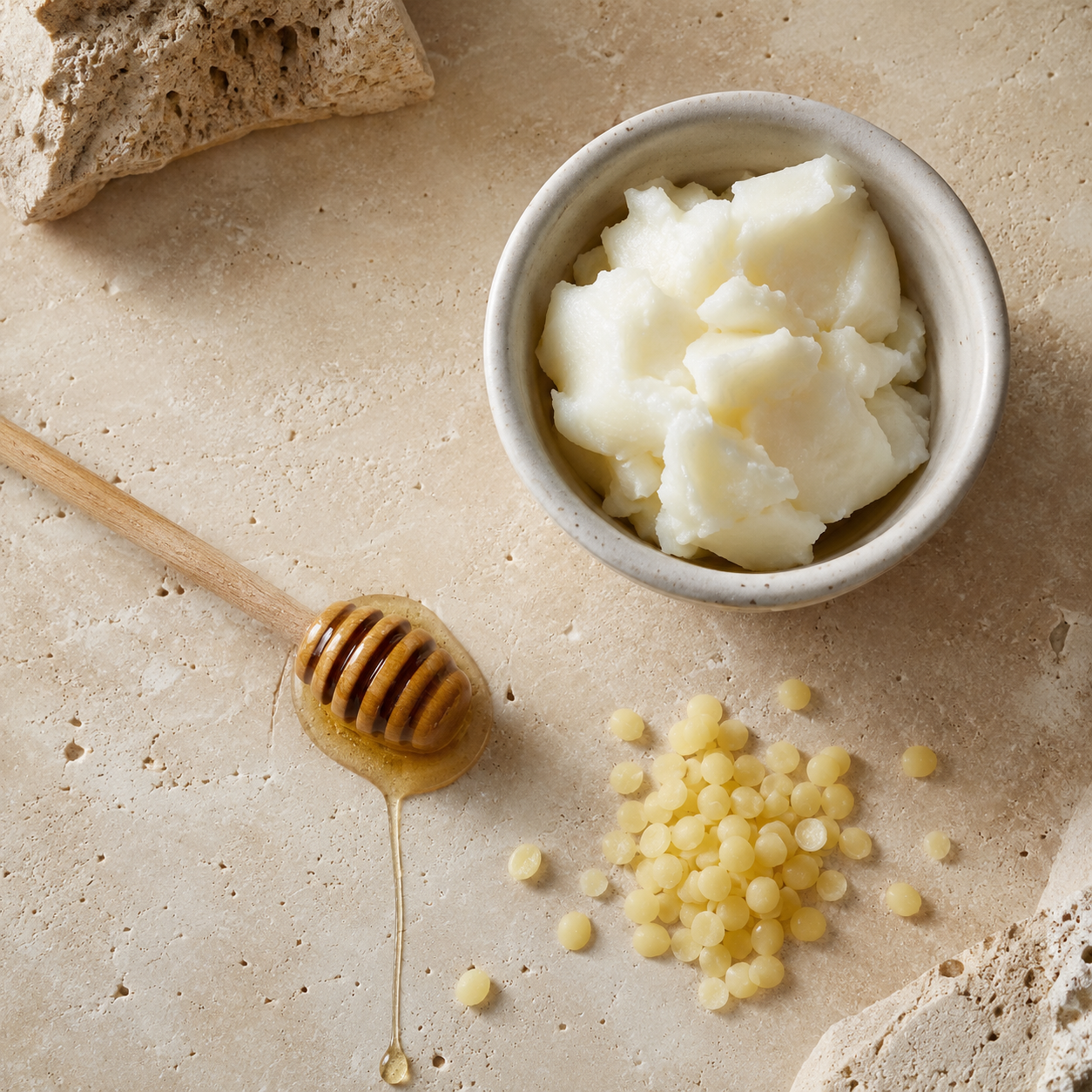 Rendered beef tallow, honey and beeswax ingredients for facial balm