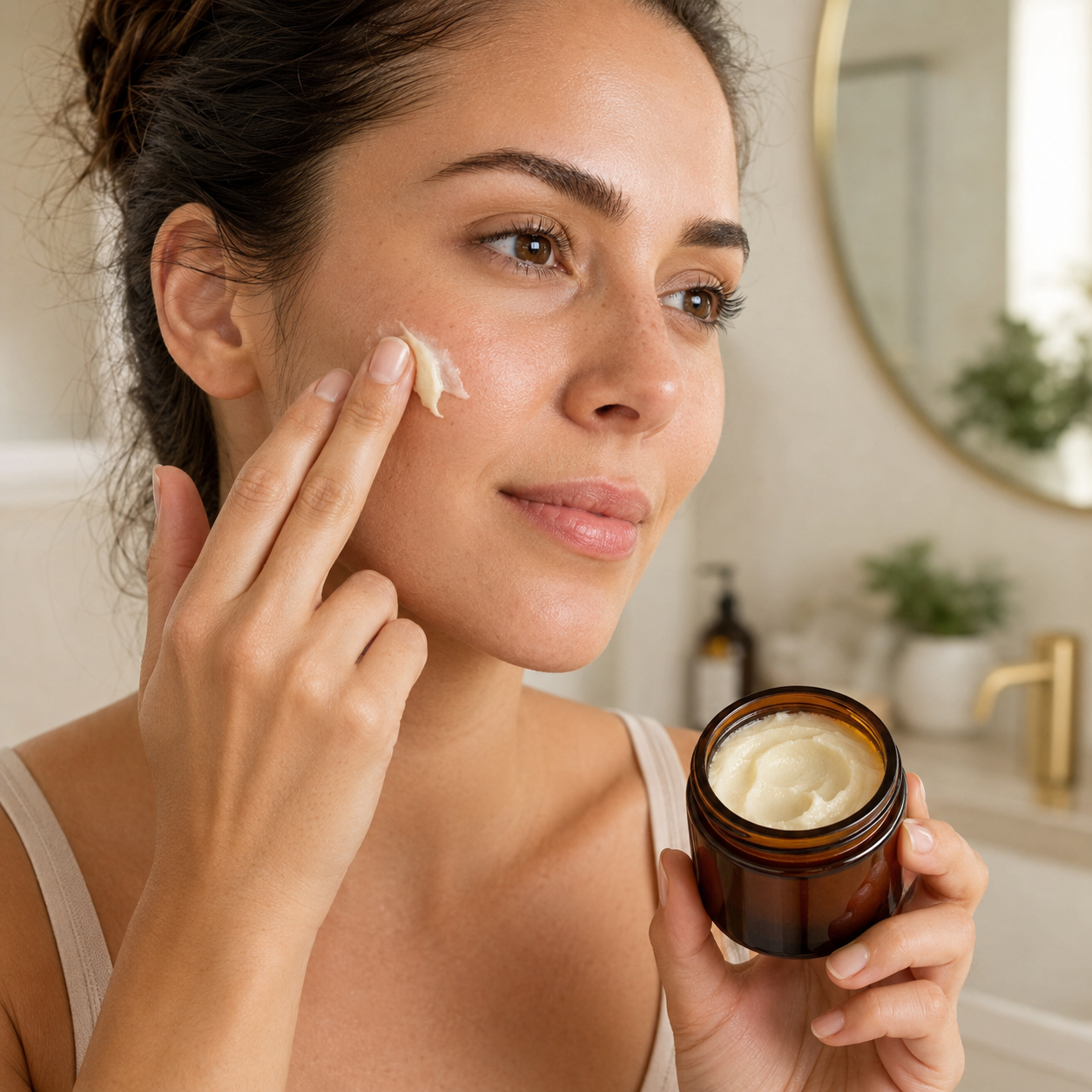 Woman applying beef tallow and honey facial balm from an open amber jar