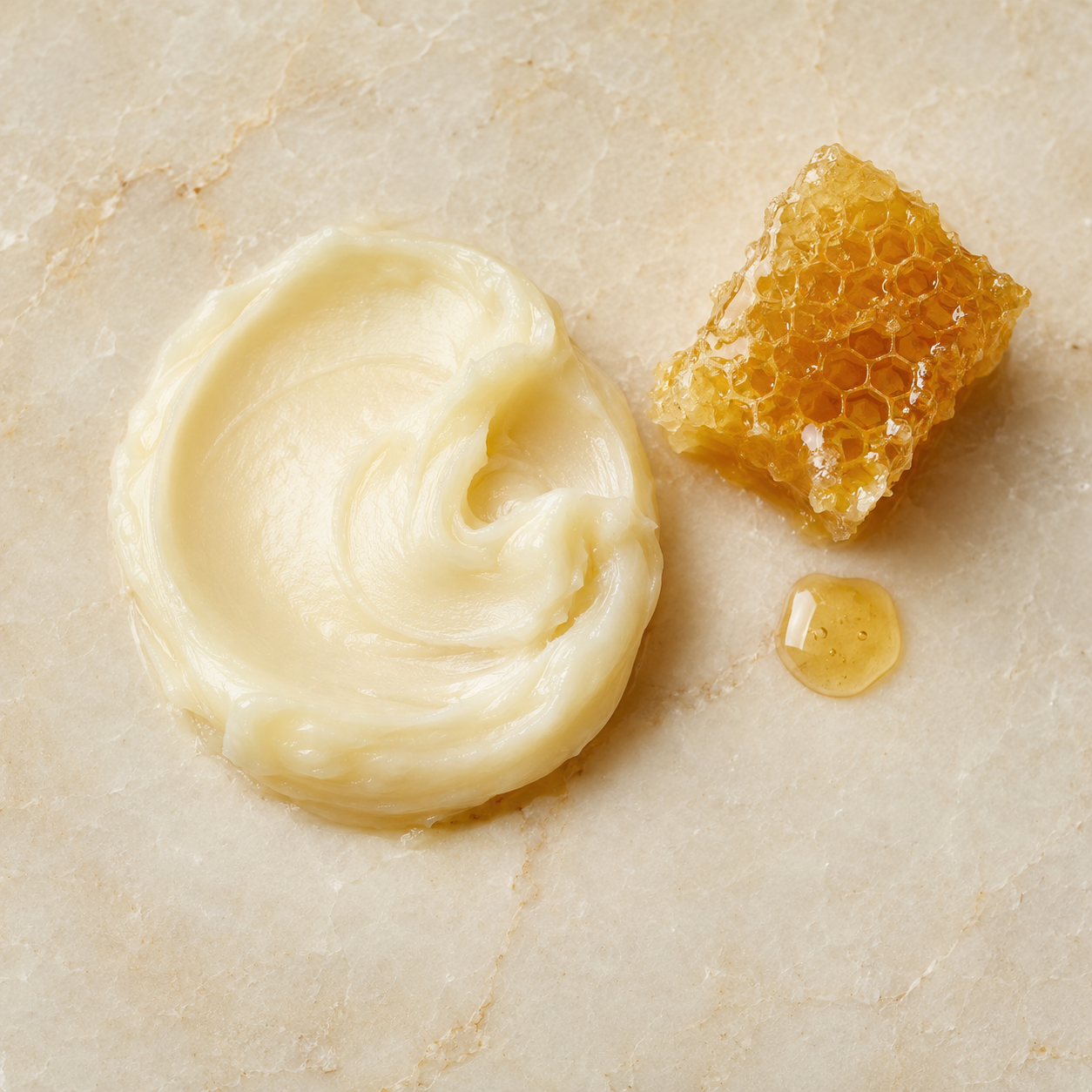Beef tallow facial balm texture with honeycomb and a drop of honey