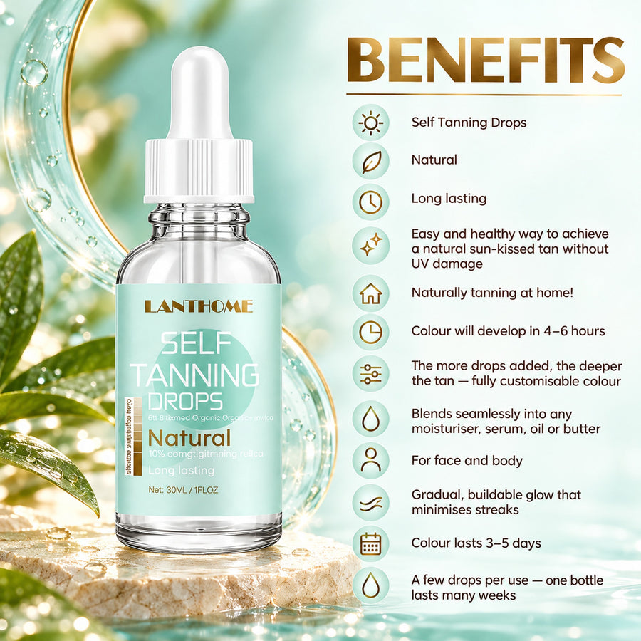 Self tanning drops benefits: natural sun-kissed tan without UV damage, colour develops in 4-6 hours, customisable depth