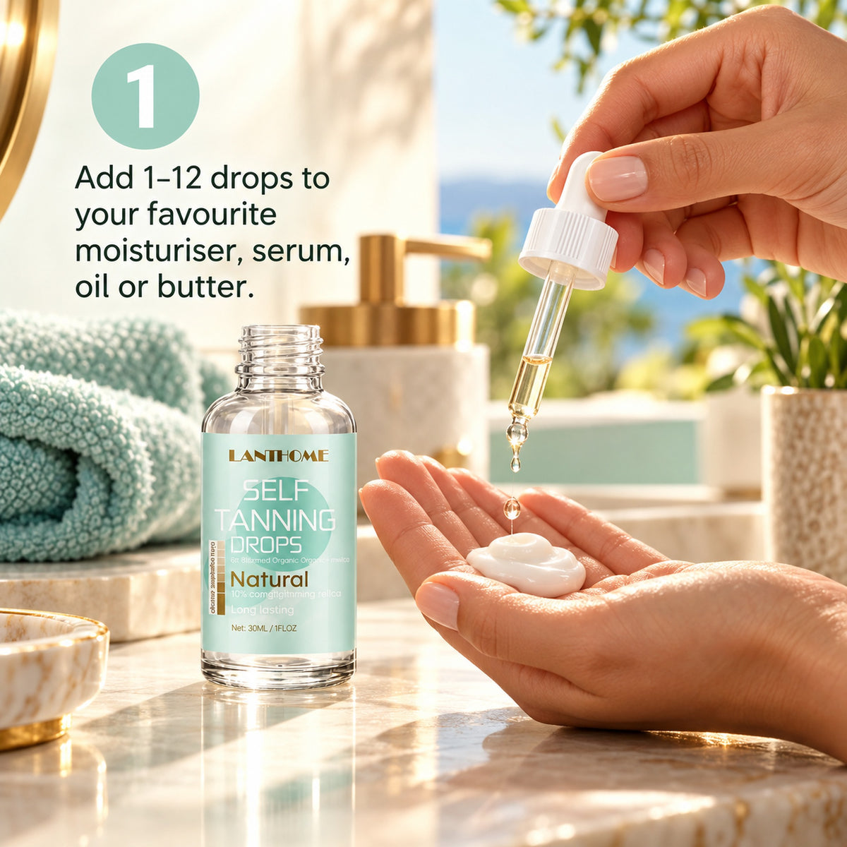 Step 1: add 1-12 self tanning drops to your favourite moisturiser in the palm