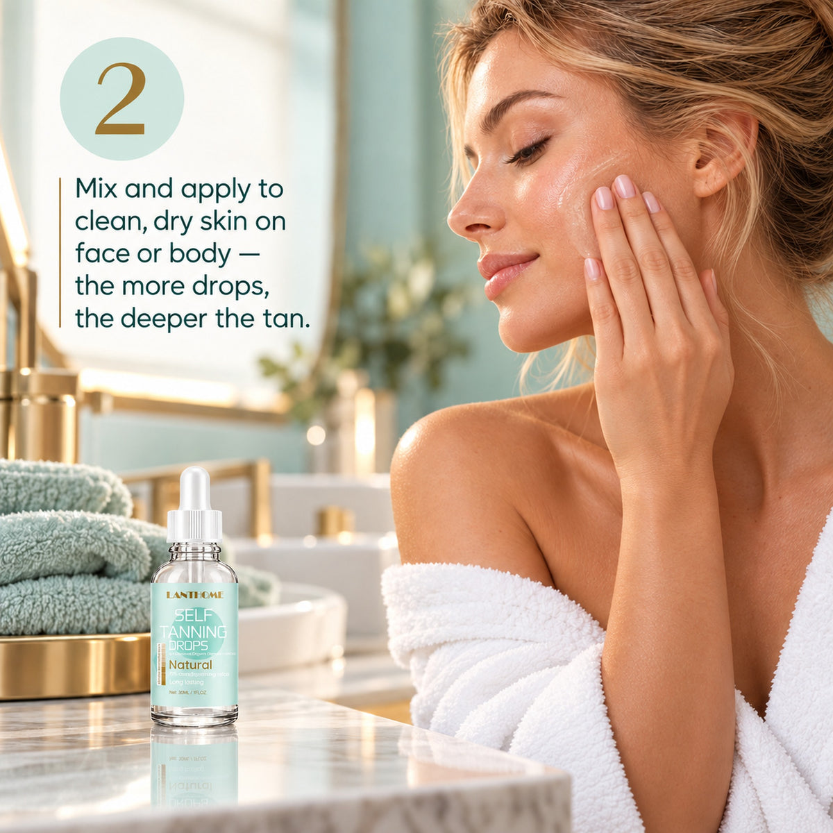 Step 2: smooth the mixed lotion onto clean, dry skin; more drops give a deeper tan