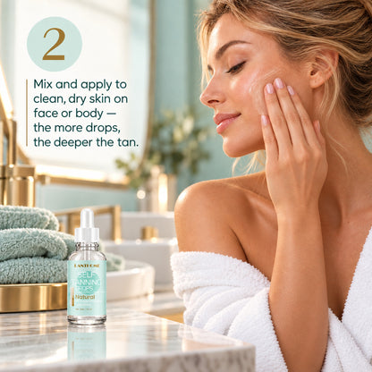 Step 2: smooth the mixed lotion onto clean, dry skin; more drops give a deeper tan