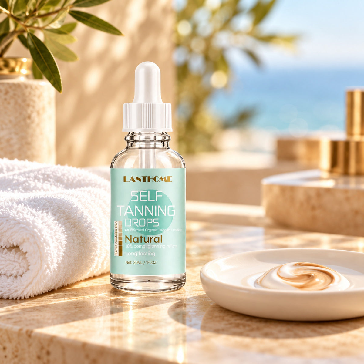 LANTHOME self tanning drops on a sunlit terrace vanity with towel and bronze lotion swatch