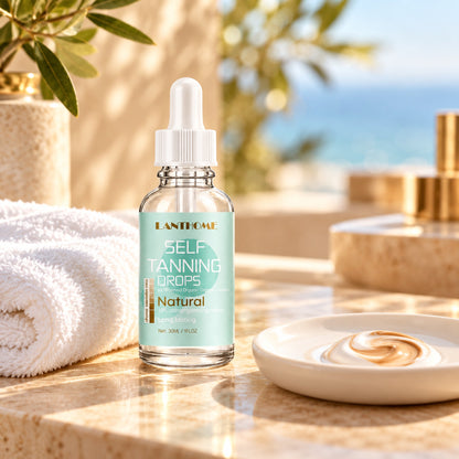 LANTHOME self tanning drops on a sunlit terrace vanity with towel and bronze lotion swatch