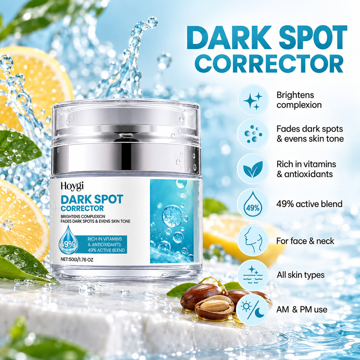 Dark spot corrector benefits: brightens complexion, fades dark spots, evens skin tone, 49% active blend