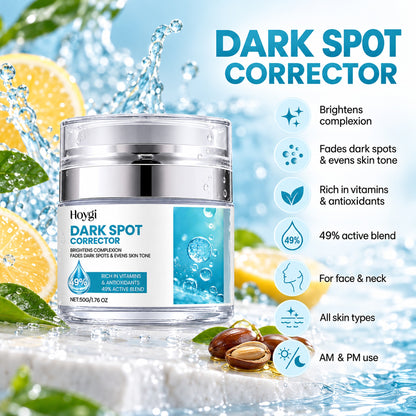 Dark spot corrector benefits: brightens complexion, fades dark spots, evens skin tone, 49% active blend