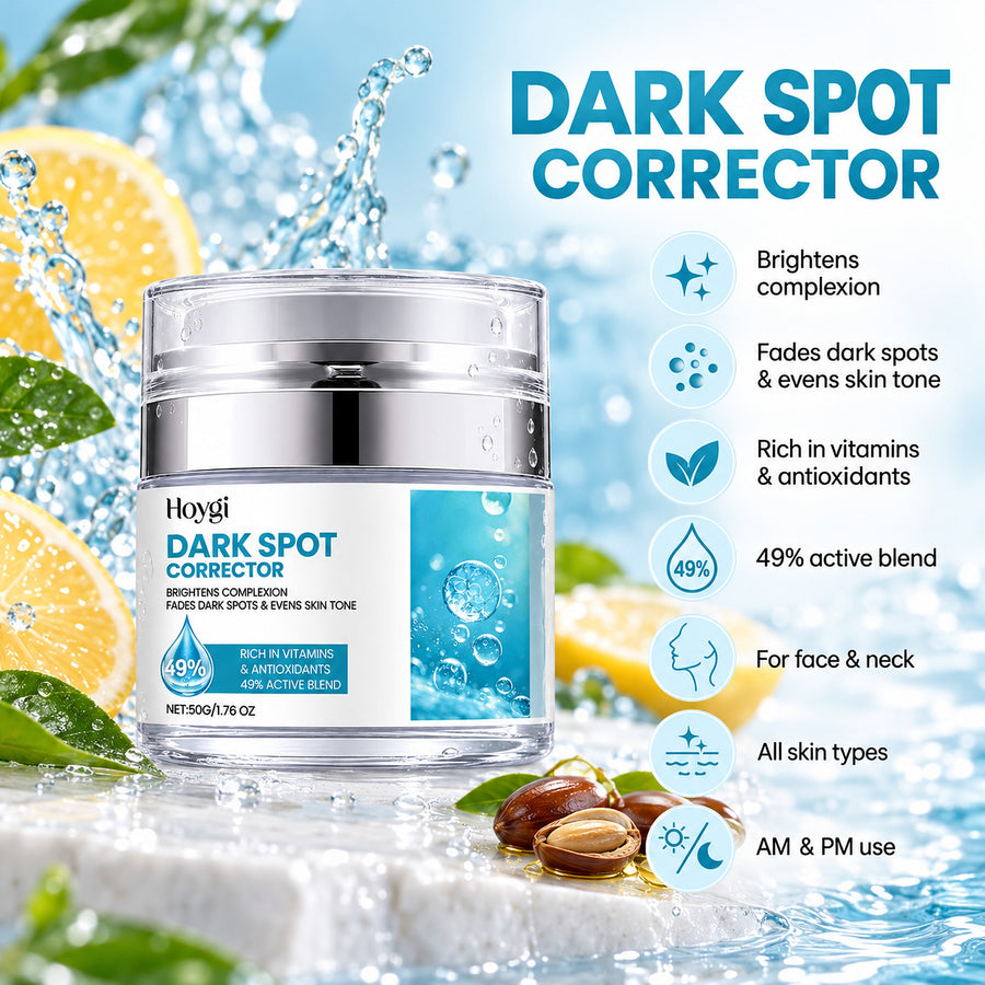 Dark spot corrector benefits: brightens complexion, fades dark spots, evens skin tone, 49% active blend