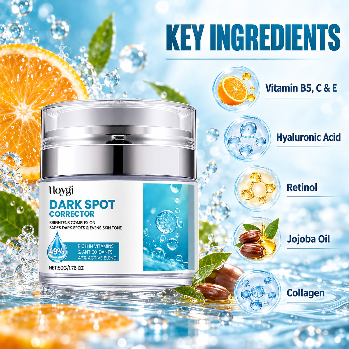 Key ingredients: vitamins B5, C and E, hyaluronic acid, retinol, jojoba oil and collagen