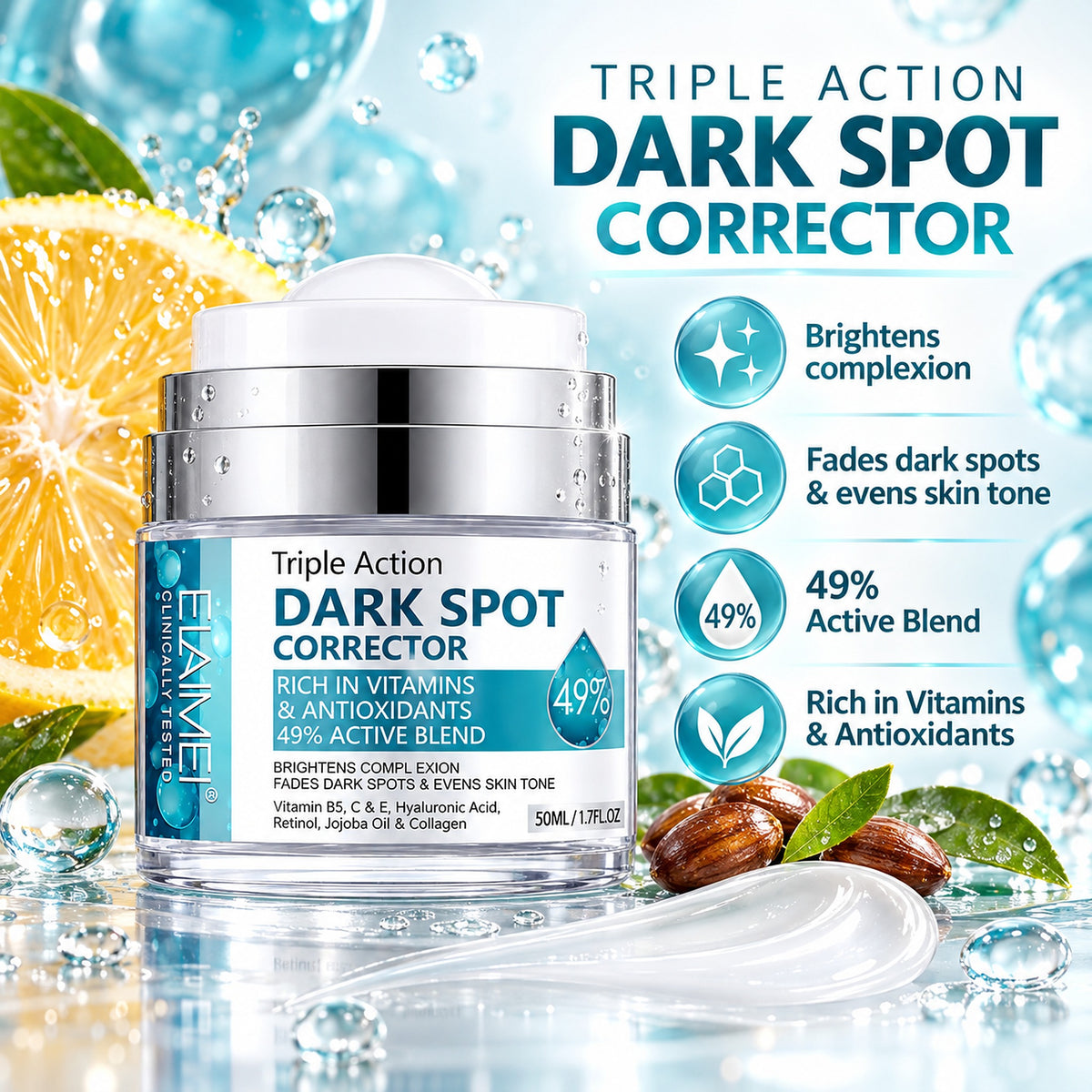Dark spot corrector benefits: brightens complexion, fades dark spots and evens skin tone, 49% active blend