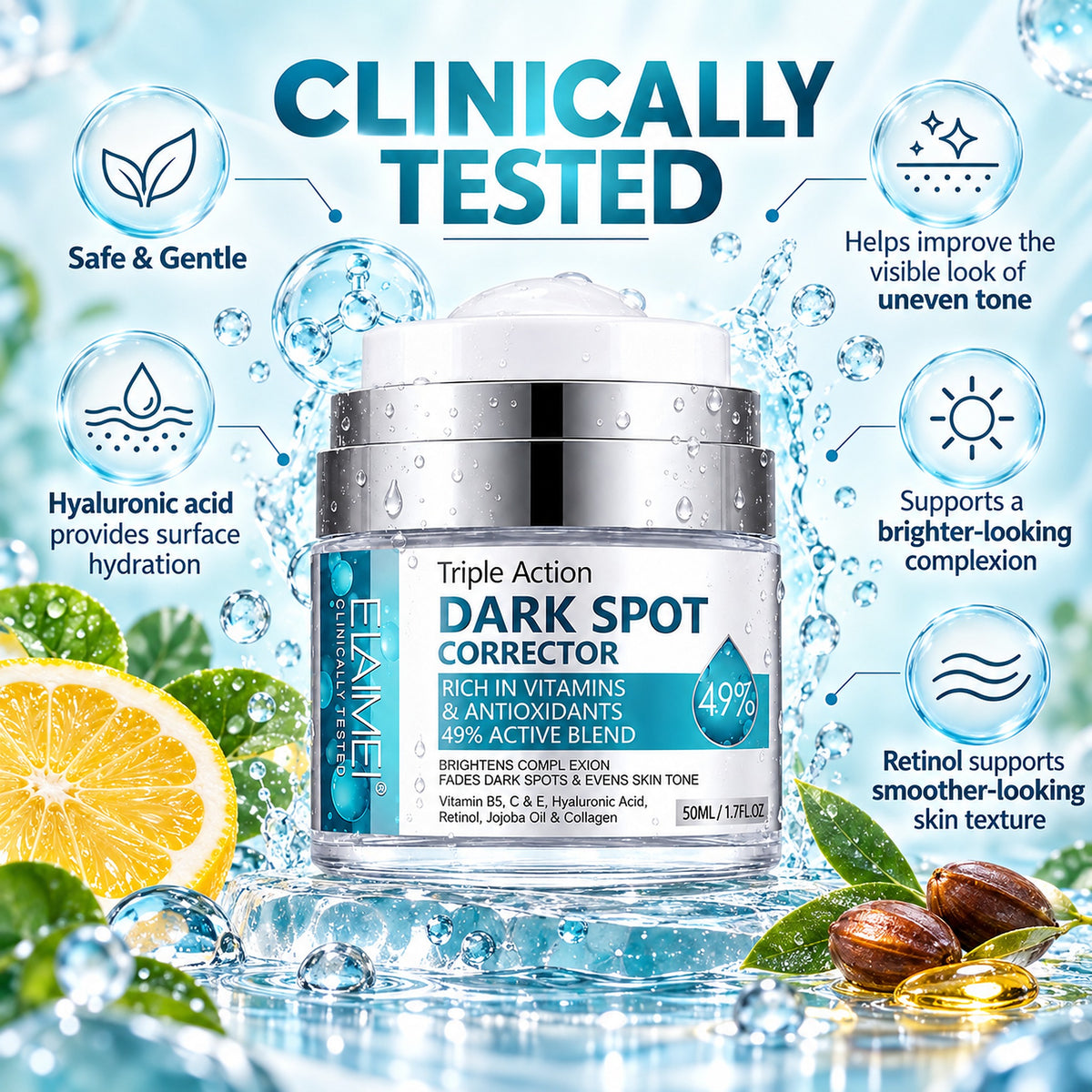Clinically tested, safe and gentle dark spot cream with hyaluronic acid and retinol