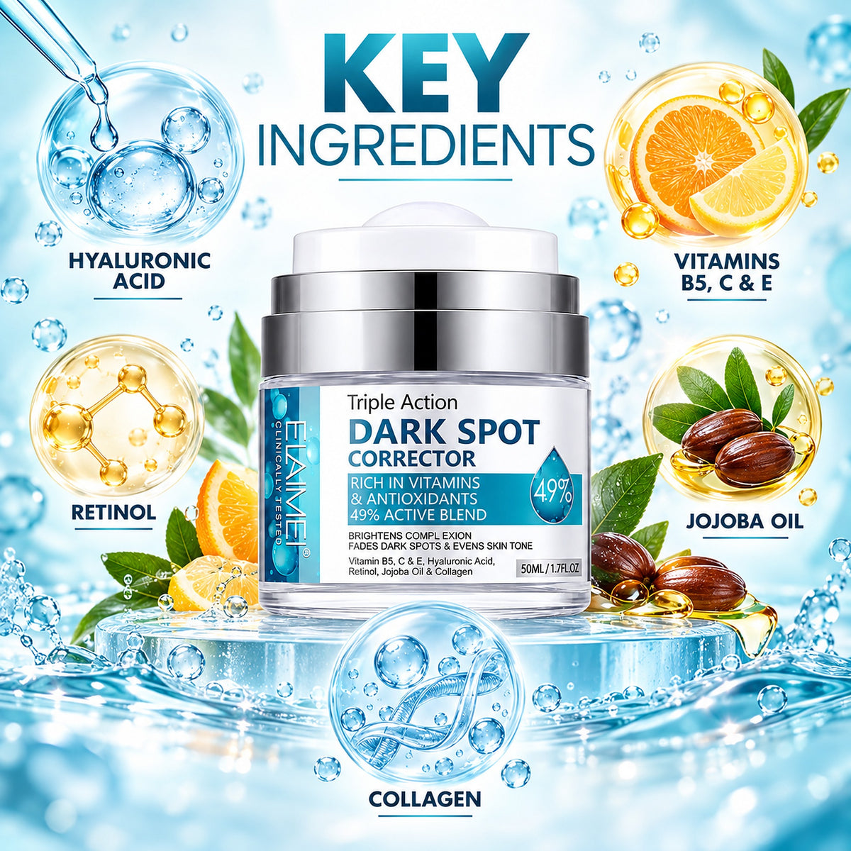 Key ingredients: hyaluronic acid, retinol, vitamins B5, C and E, jojoba oil and collagen