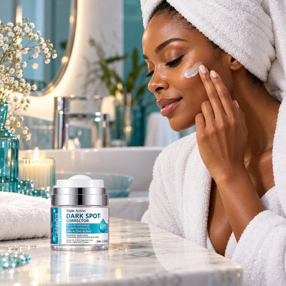 Woman applying dark spot corrector cream to her cheek in a bright bathroom
