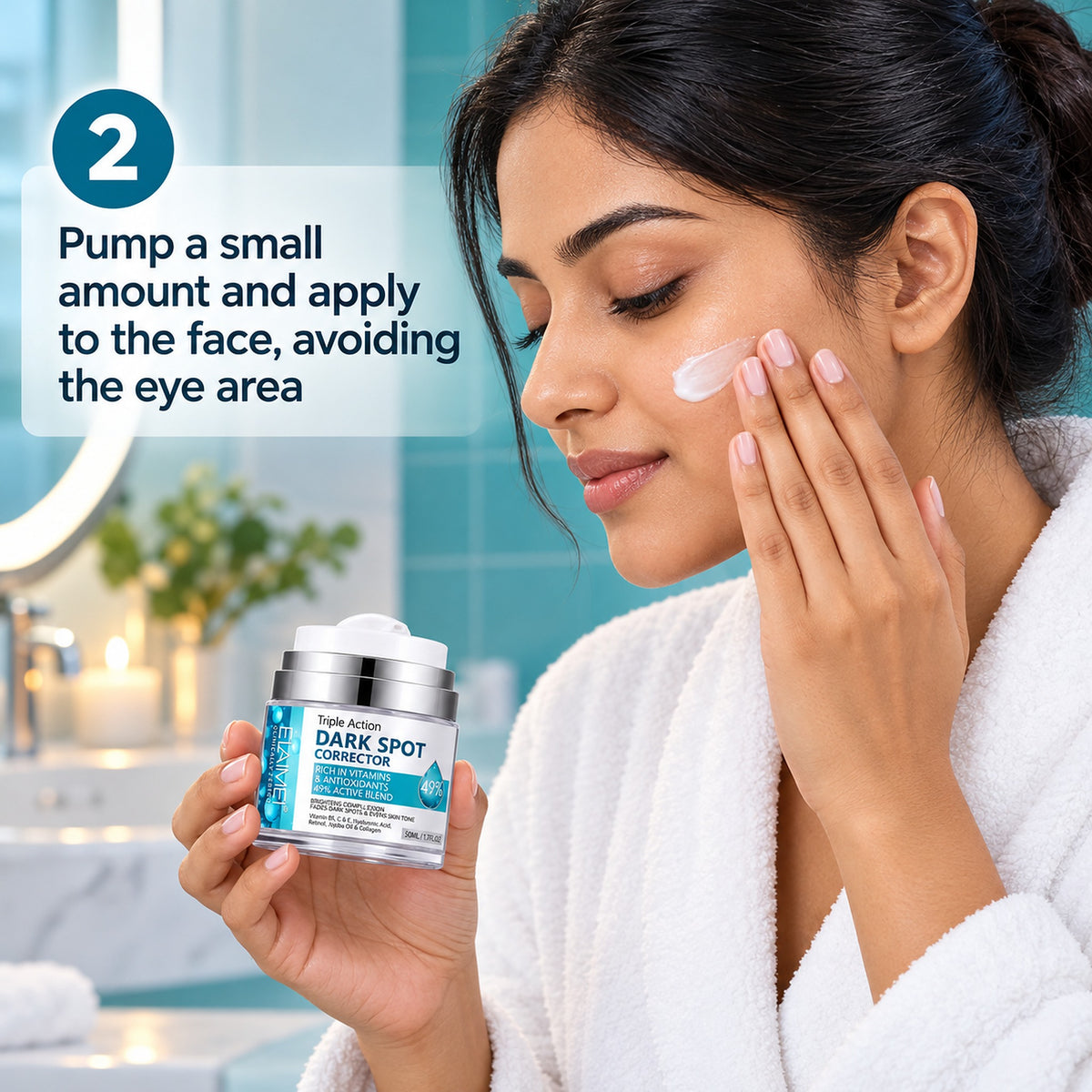 How to use step 2: pump a small amount and apply to the face, avoiding the eye area