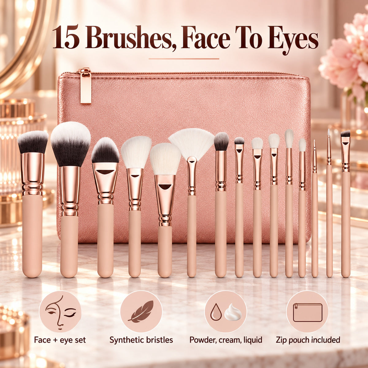 15-piece pink makeup brush set with zip pouch – face and eye set, synthetic bristles, for powder, cream and liquid