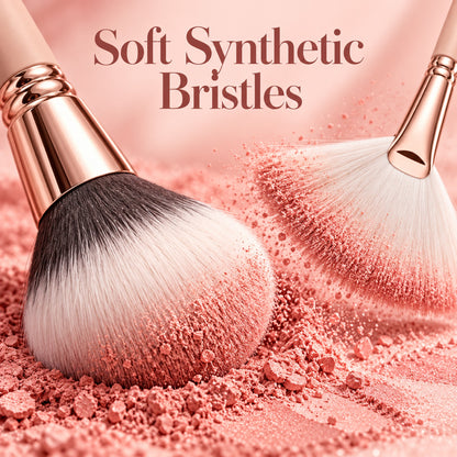 Soft synthetic bristles of the powder and fan brush picking up blush powder