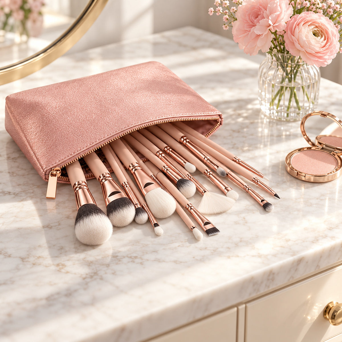 Pink storage pouch with makeup brushes spilling onto a marble vanity