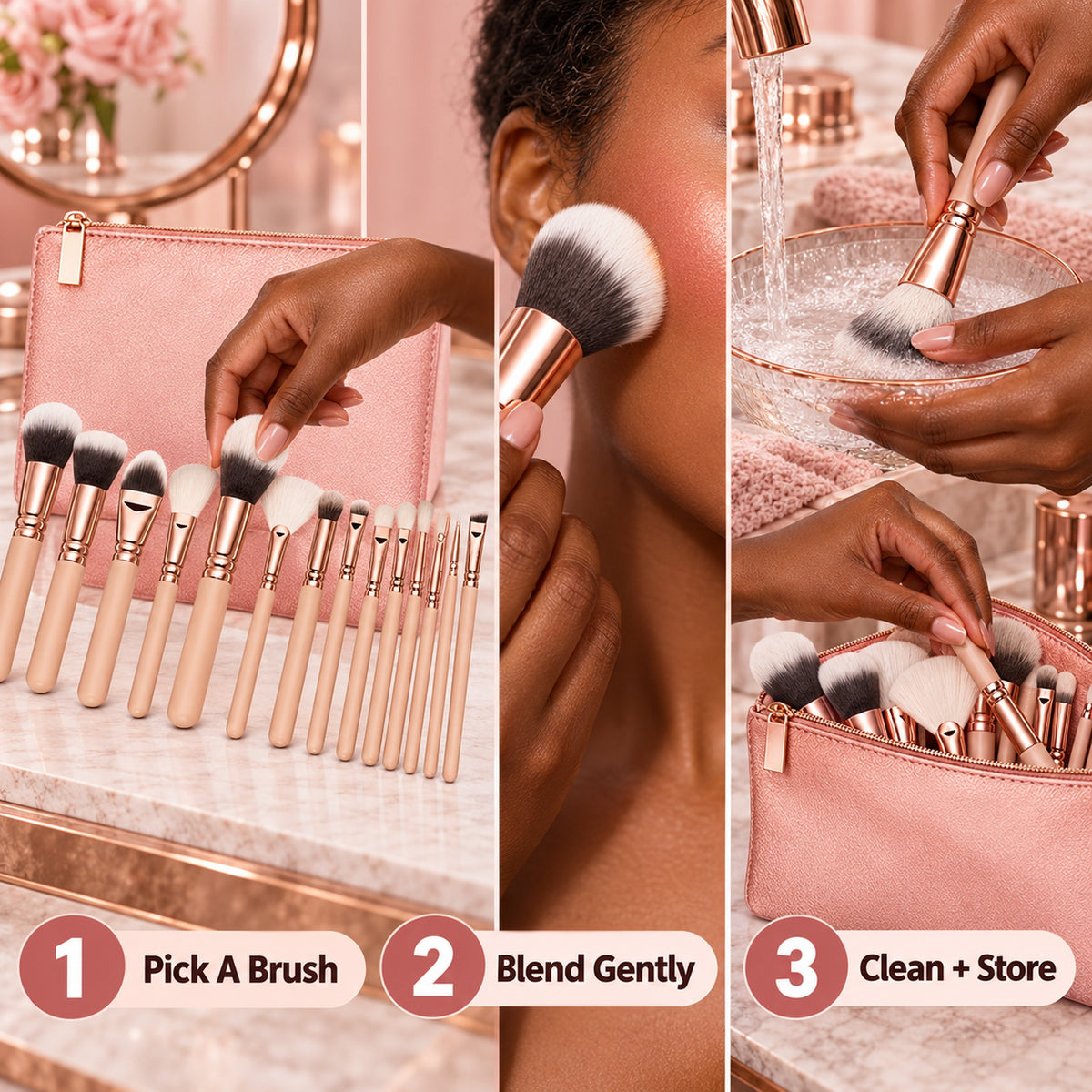 How to use the brush set in 3 steps: pick a brush, blend gently, clean and store