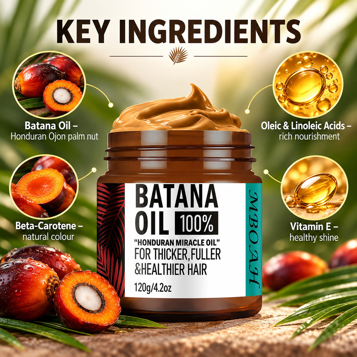 Key ingredients – batana oil, oleic and linoleic acids, beta-carotene and vitamin E