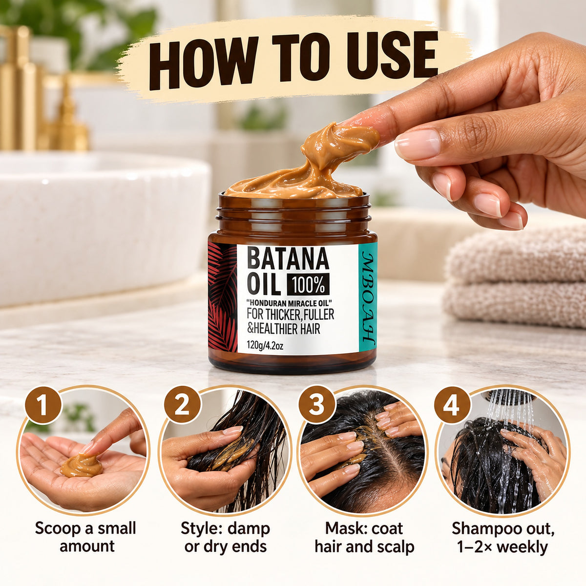 How to use batana hair cream – scoop, style on ends, mask hair and scalp 20+ min, shampoo out 1–2 times weekly