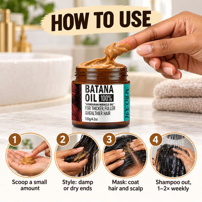 How to use batana hair cream – scoop, style on ends, mask hair and scalp 20+ min, shampoo out 1–2 times weekly