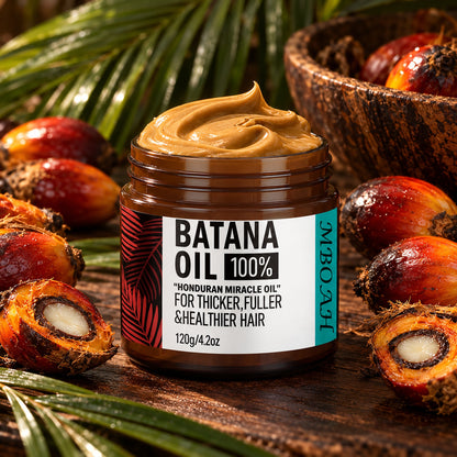 Open jar of caramel batana butter among Honduran palm nuts and fronds