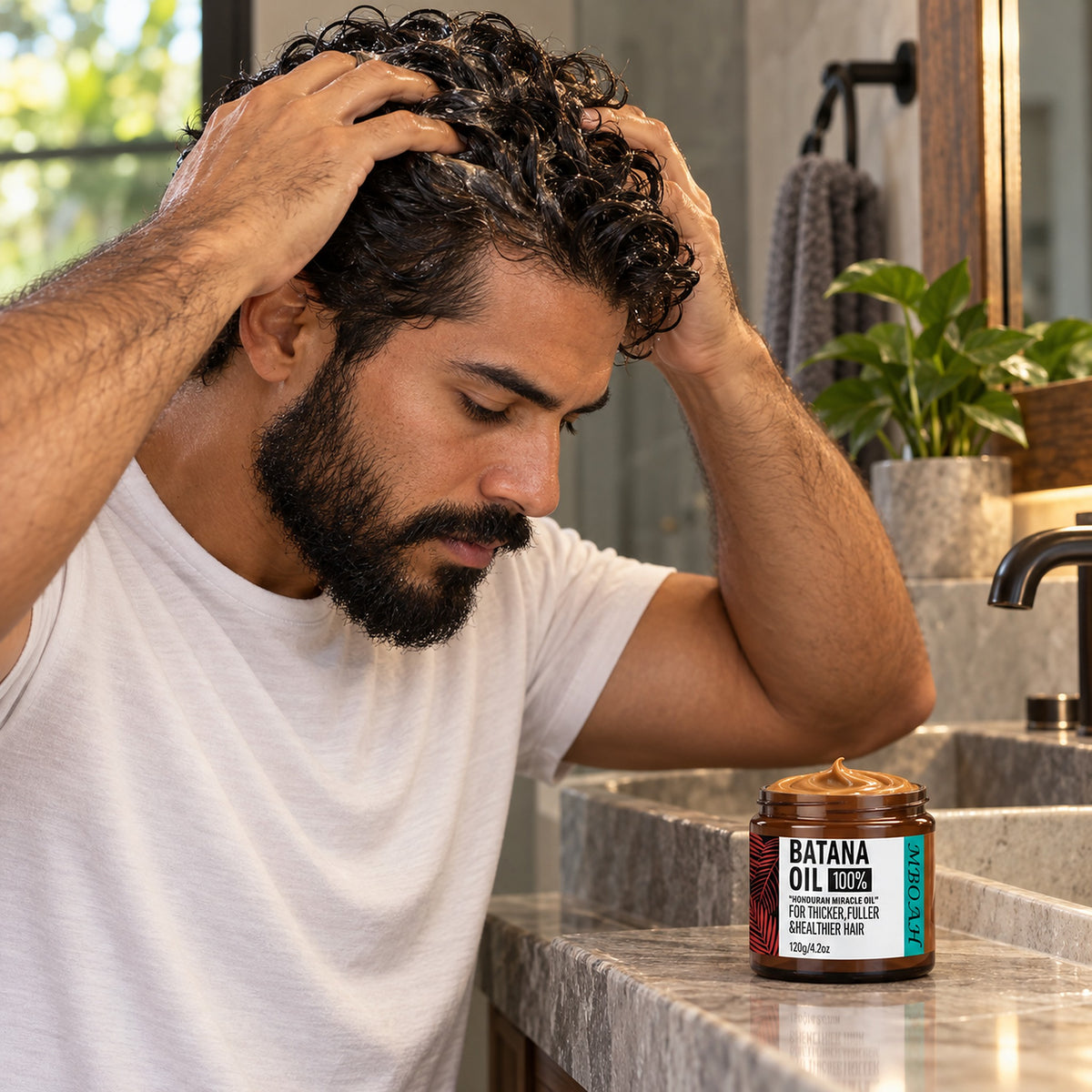 Bearded man working batana hair cream into his hair at the bathroom sink