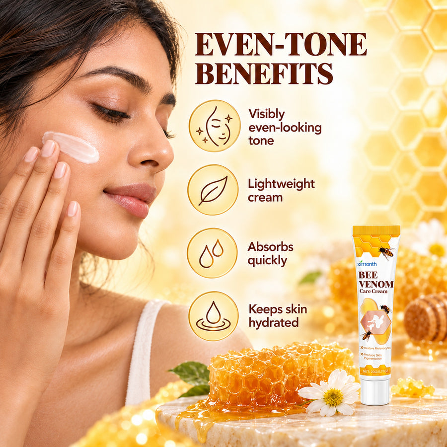 Woman patting ximonth Bee Venom Care Cream onto her cheek – visibly even-looking tone, lightweight, absorbs quickly, keeps skin hydrated