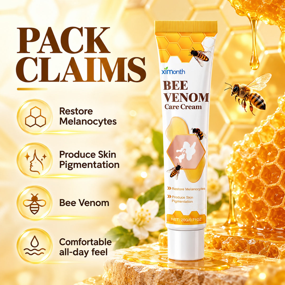 Bee Venom Care Cream 20g pack claims – Restore Melanocytes, Produce Skin Pigmentation, Bee Venom, comfortable all-day feel