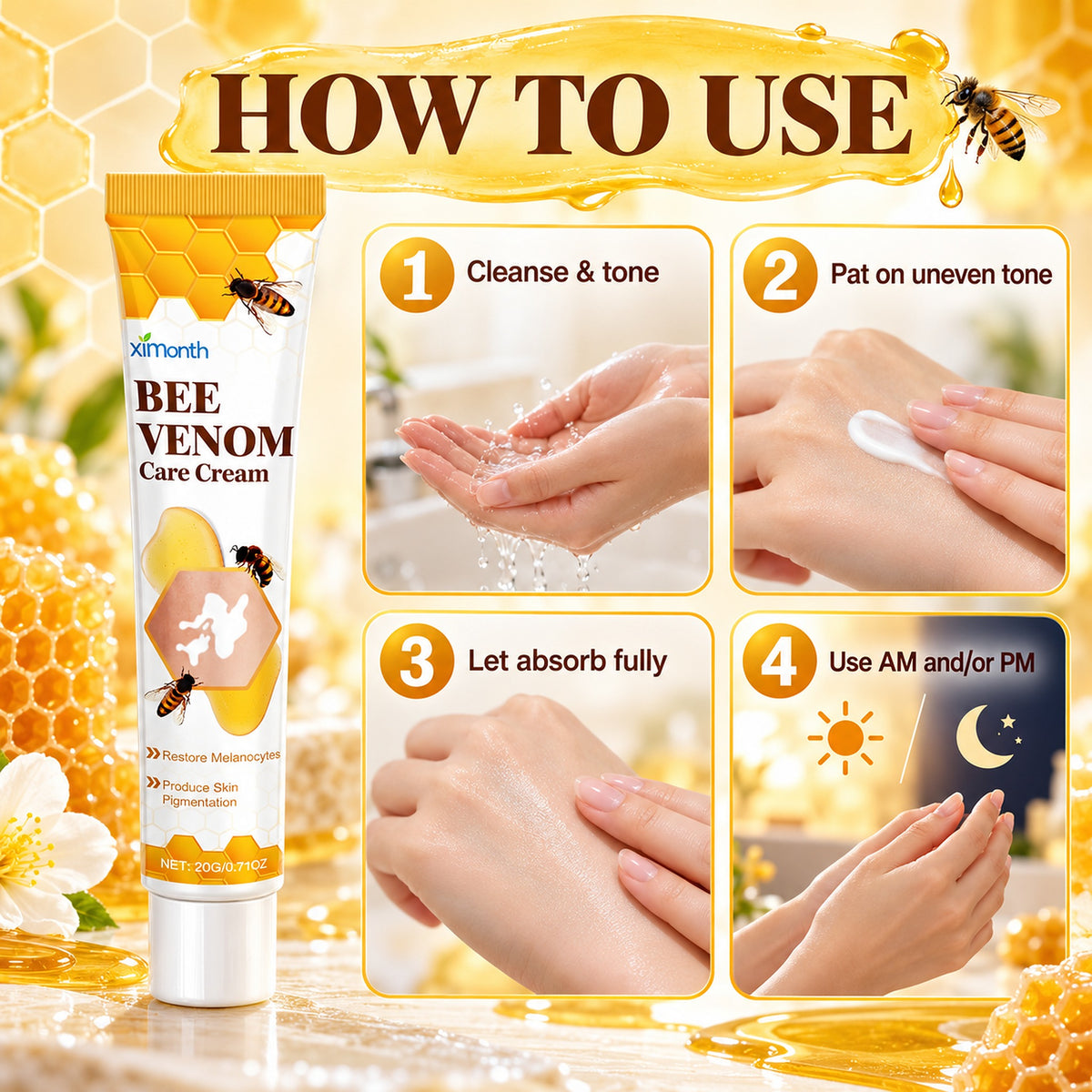 How to use Bee Venom Care Cream – cleanse and tone, pat on areas of uneven tone, let absorb fully, use morning and/or evening