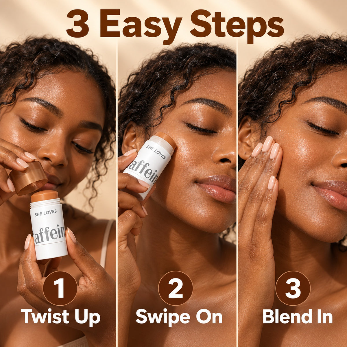 How to use – 1 twist up, 2 swipe on, 3 blend in