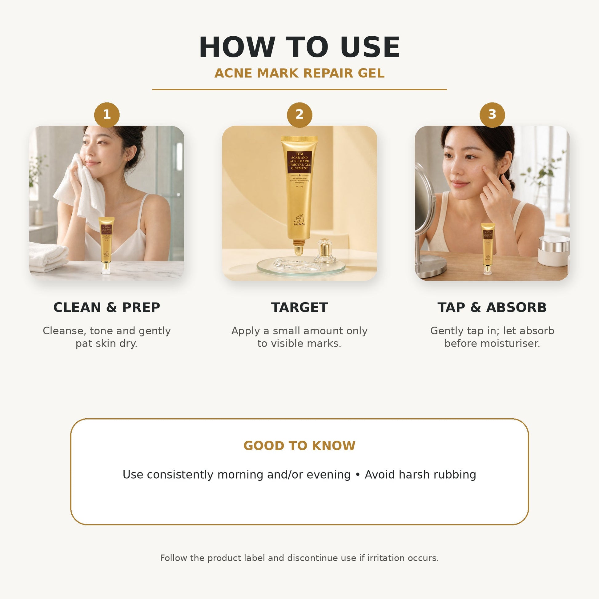 Acne Mark Repair Gel three-step directions for use